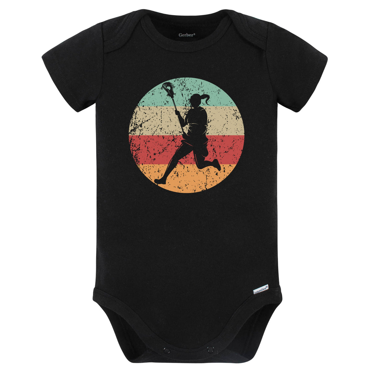 Retro Lacrosse Player Female Athlete Girls Sports Baby Bodysuit (Black)