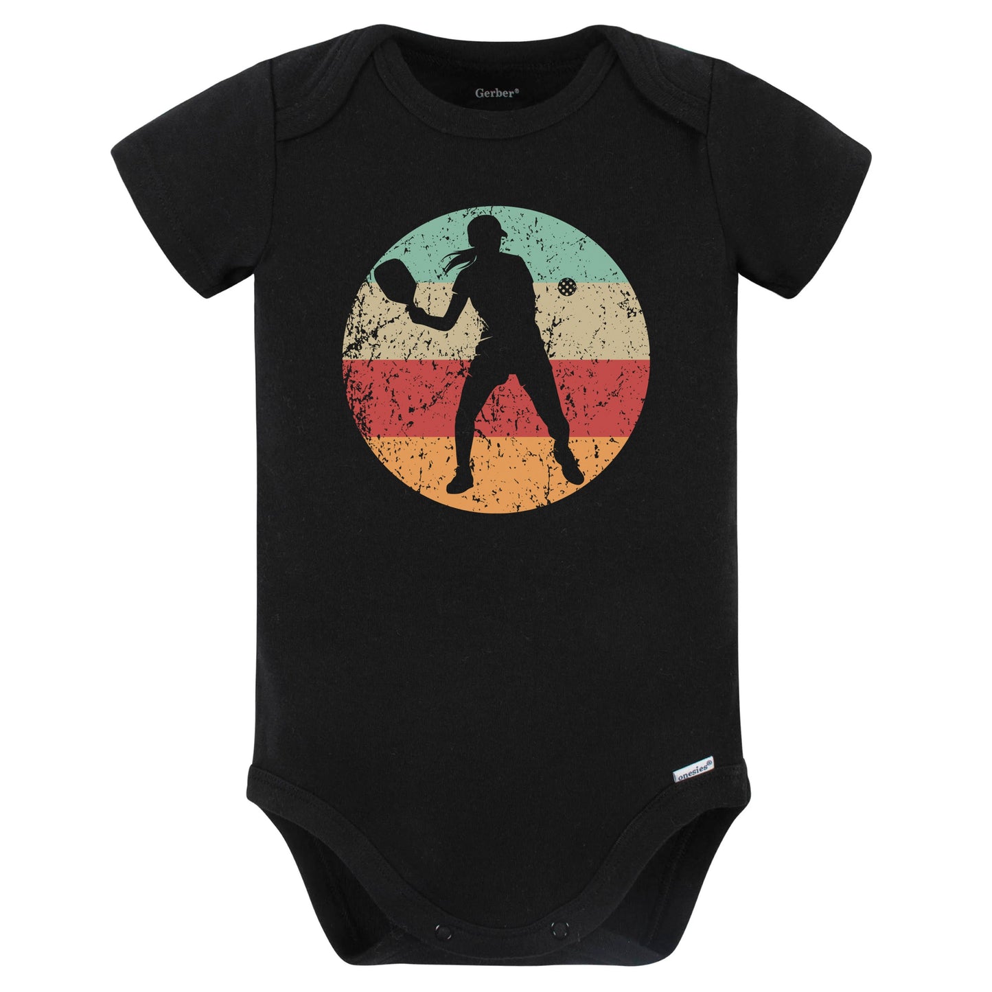 Retro Pickleball Player Female Athlete Girls Sports Baby Bodysuit (Black)