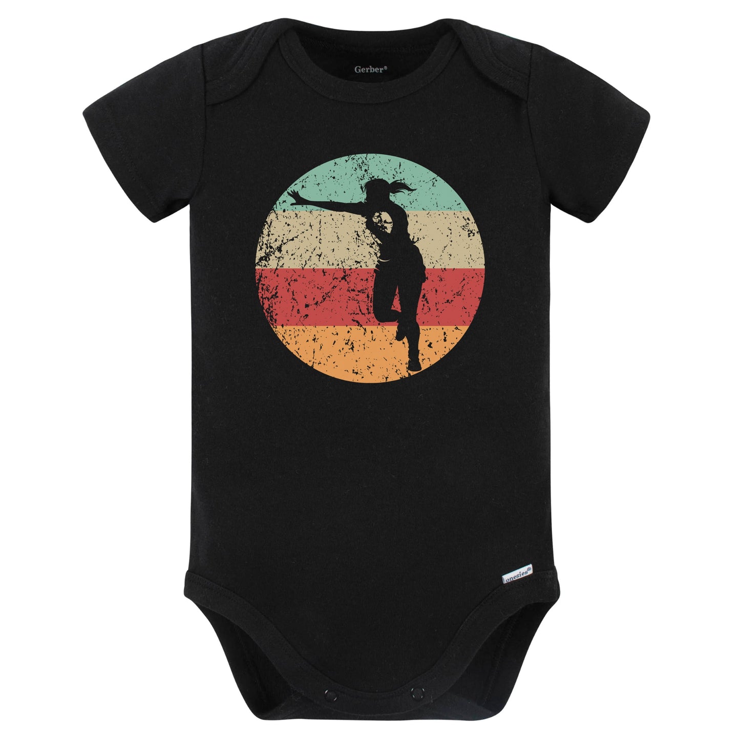 Retro Rugby Player Stiff Arm Female Athlete Girls Sports Baby Bodysuit (Black)