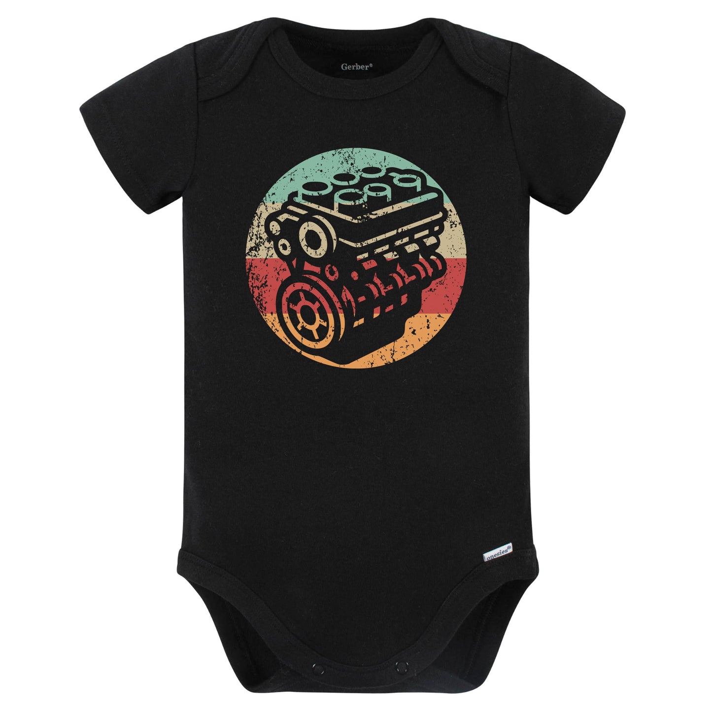 Retro Car Engine Vintage Style Mechanic Baby Bodysuit (Black)