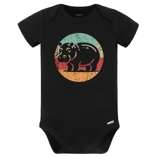 Retro Hippopotamus Hippo Vintage Style Wild Animal Baby Bodysuit (Black)