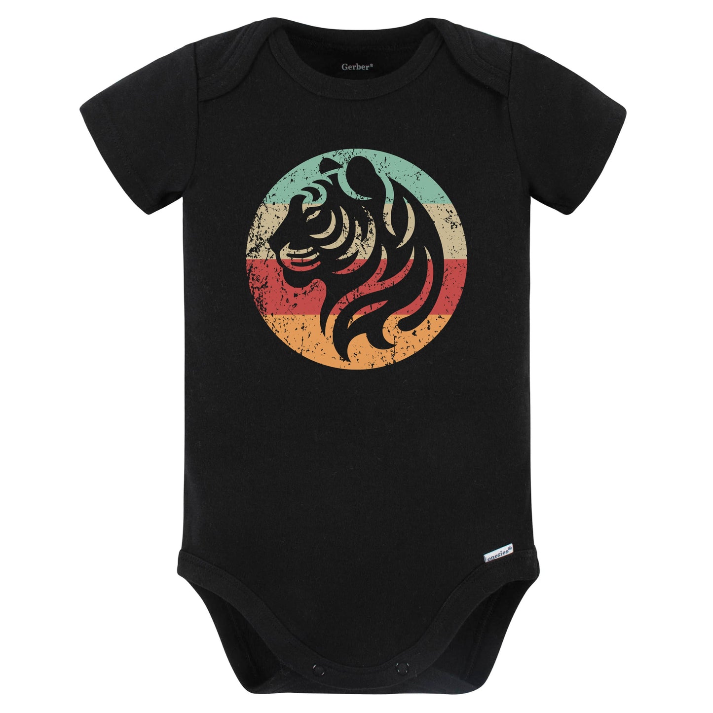 Retro Tiger Vintage Style Wild Animal Baby Bodysuit (Black)