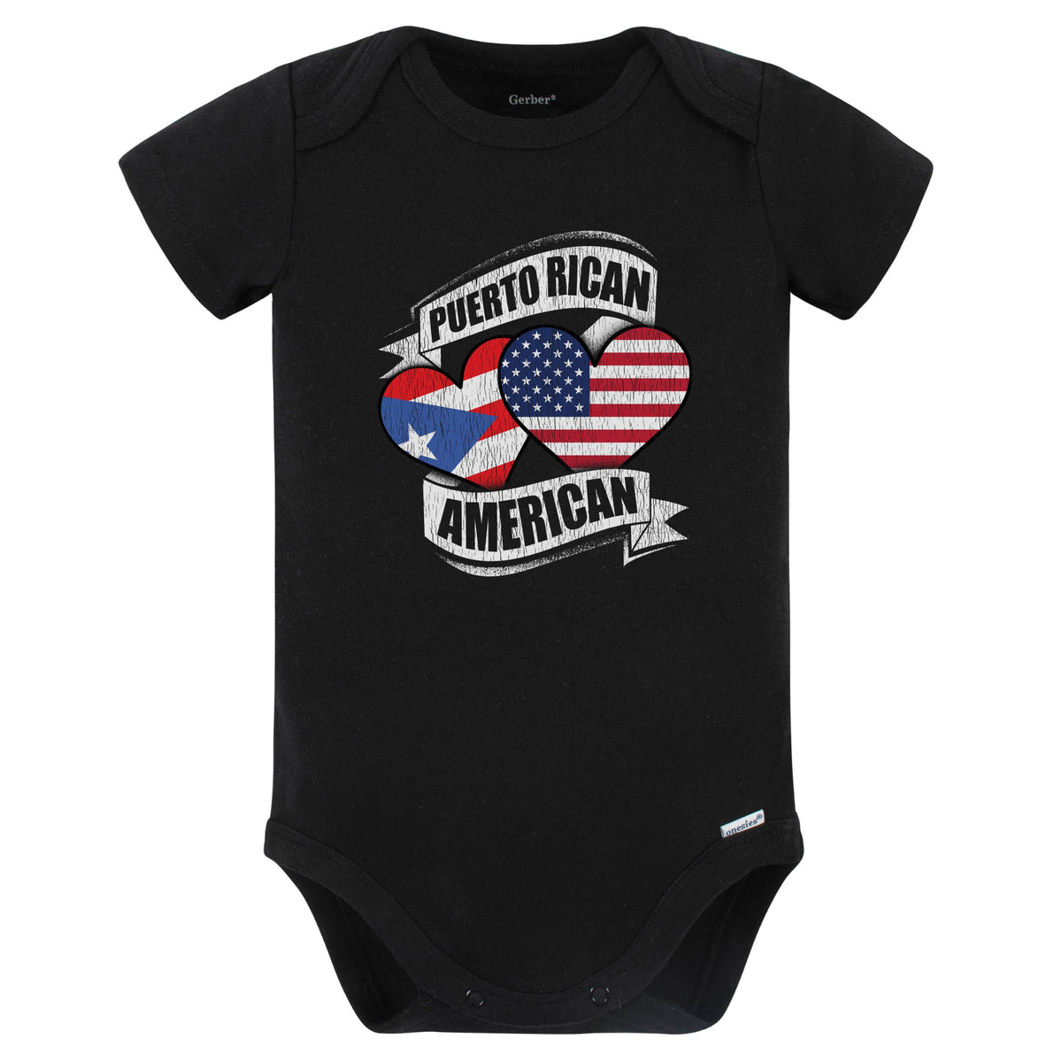 Puerto Rican American Hearts USA Puerto Rico Flags Baby Bodysuit (Black)