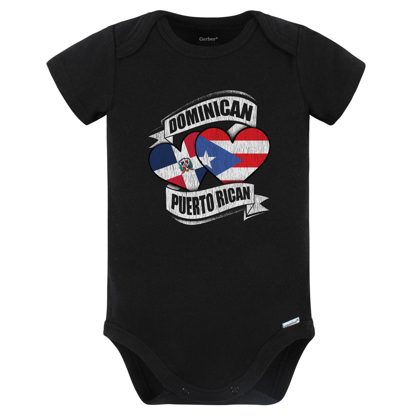 Dominican Puerto Rican Hearts Dominican Puerto Rico Flags Baby Bodysuit (Black)