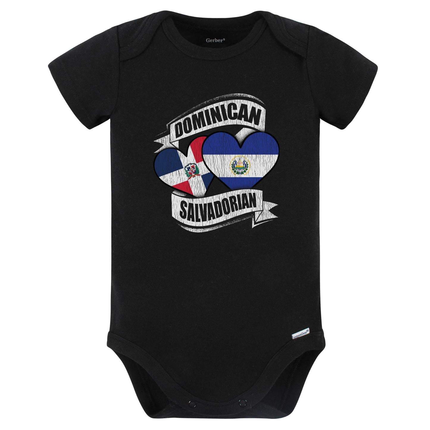 Dominican Salvadorian Hearts Dominican El Salvador Flags Baby Bodysuit (Black)