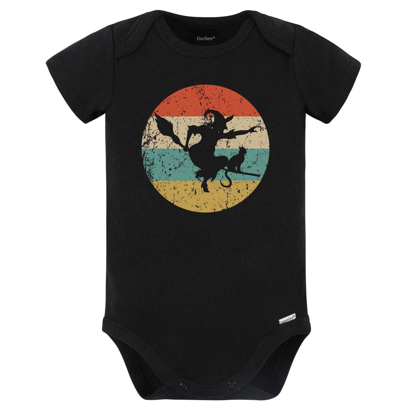 Retro Spooky Scary Flying Witch on Broom Stick Halloween Baby Bodysuit (Black)