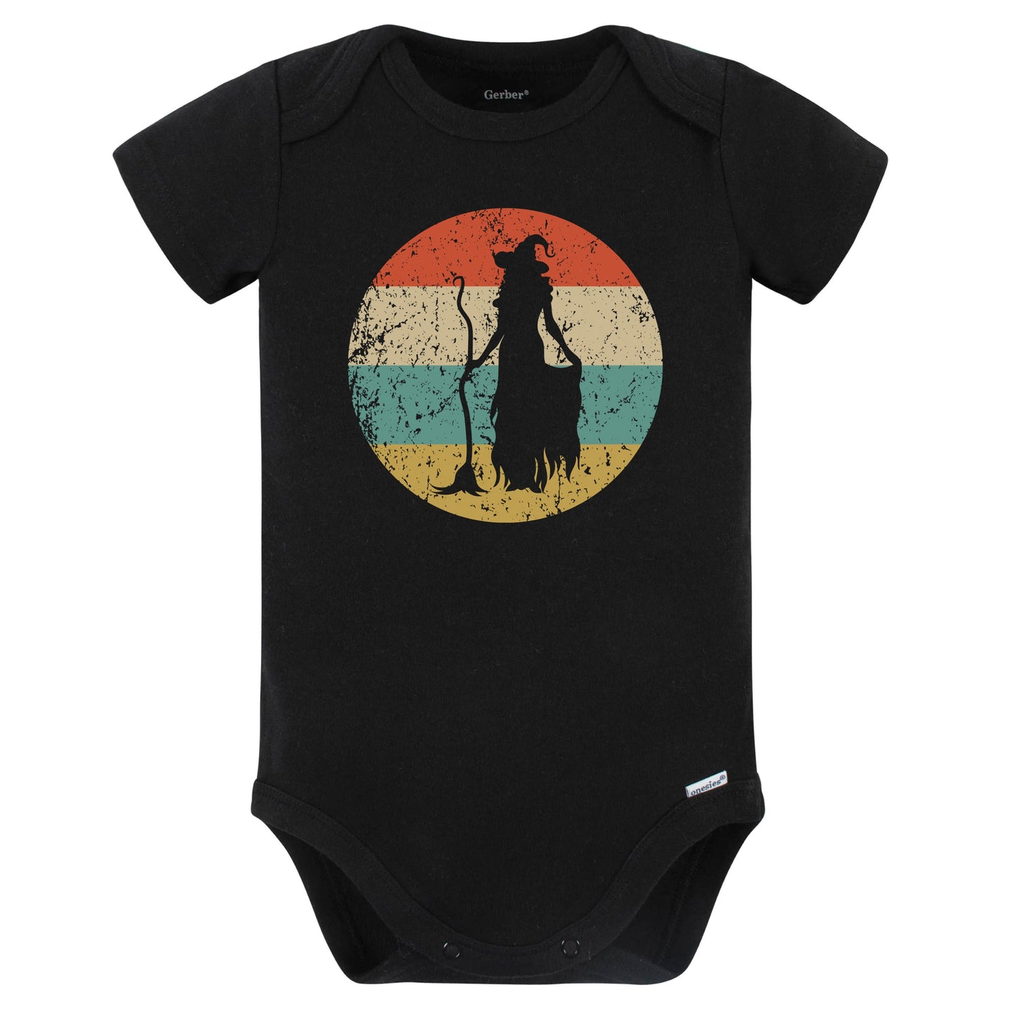 Retro Spooky Scary Witch with Broom Silhouette Halloween Baby Bodysuit (Black)