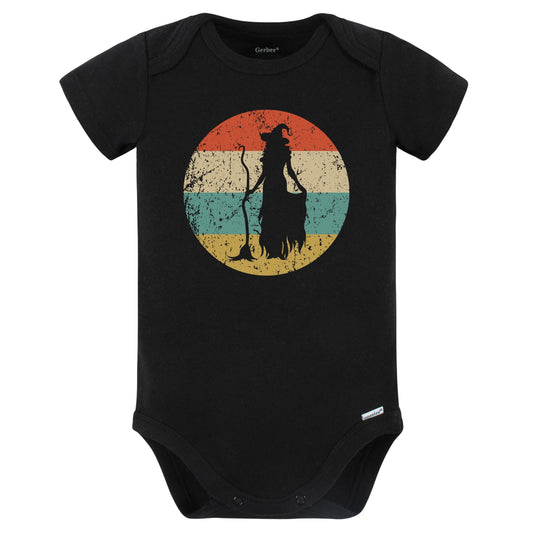 Retro Spooky Scary Witch with Broom Silhouette Halloween Baby Bodysuit (Black)