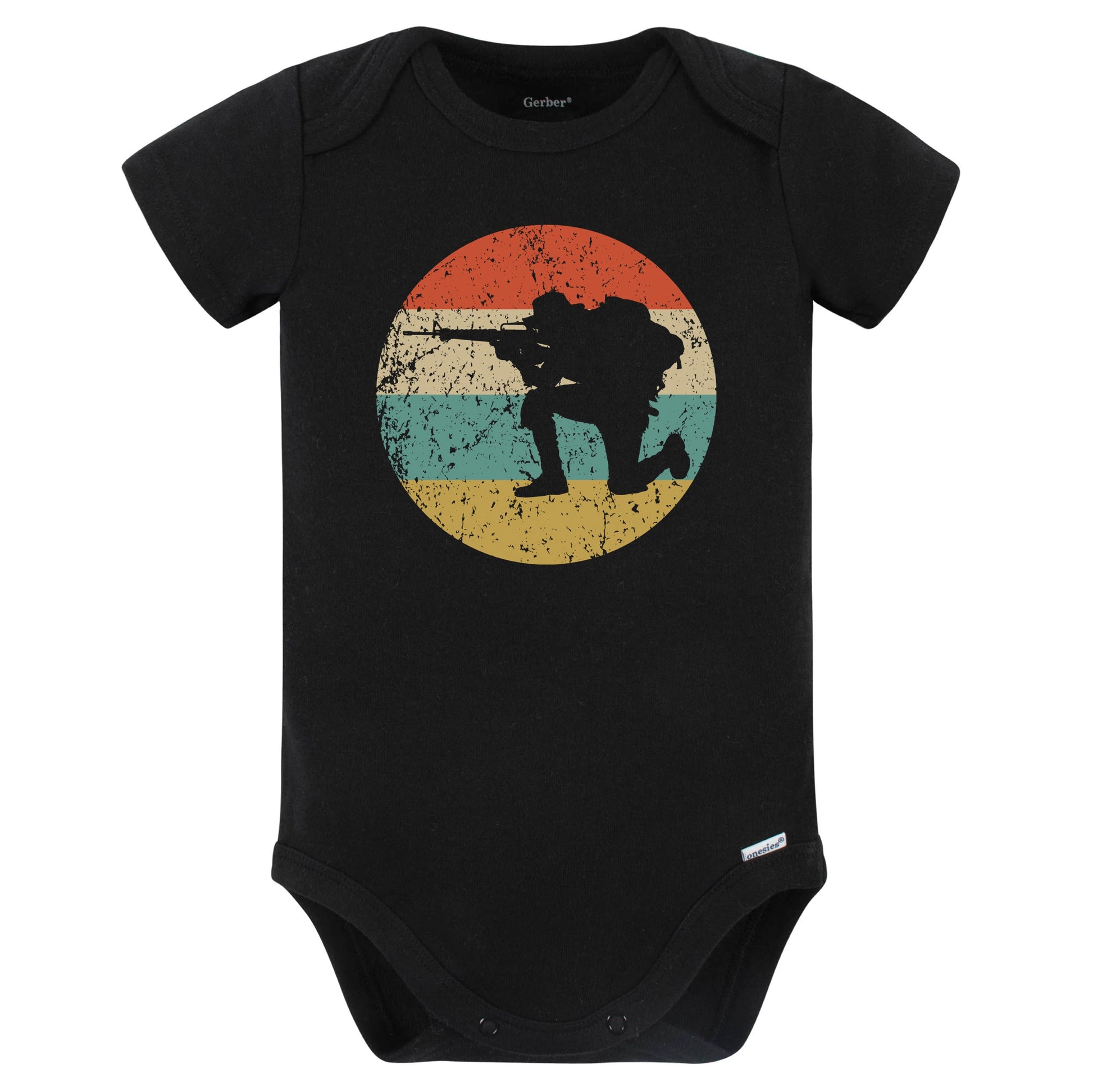 Crouching Soldier Silhouette Retro Military Baby Bodysuit (Black)