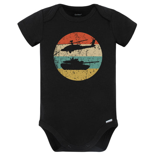 Chinook Helicopter and Tank Silhouette Retro Military Baby Bodysuit (Black)