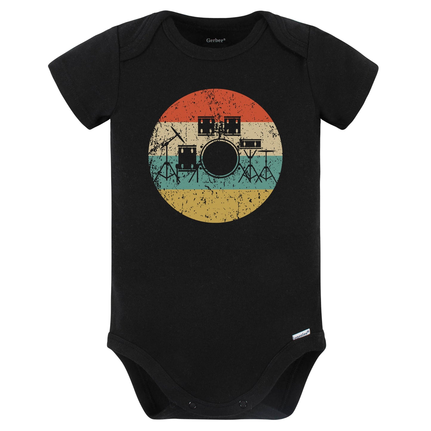 Drum Set Silhouette Retro Music Musician Musical Instrument Baby Bodysuit (Black)