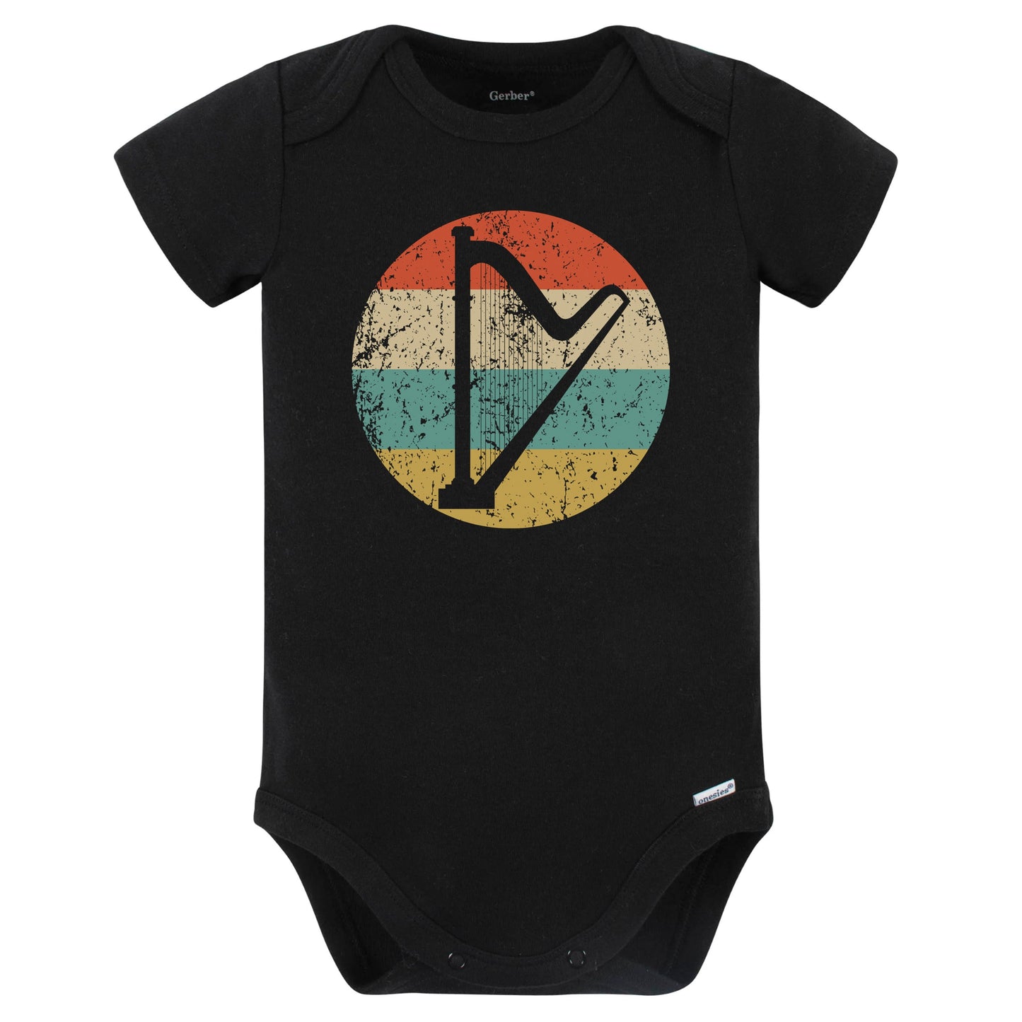 Harp Silhouette Retro Music Musician Musical Instrument Baby Bodysuit (Black)
