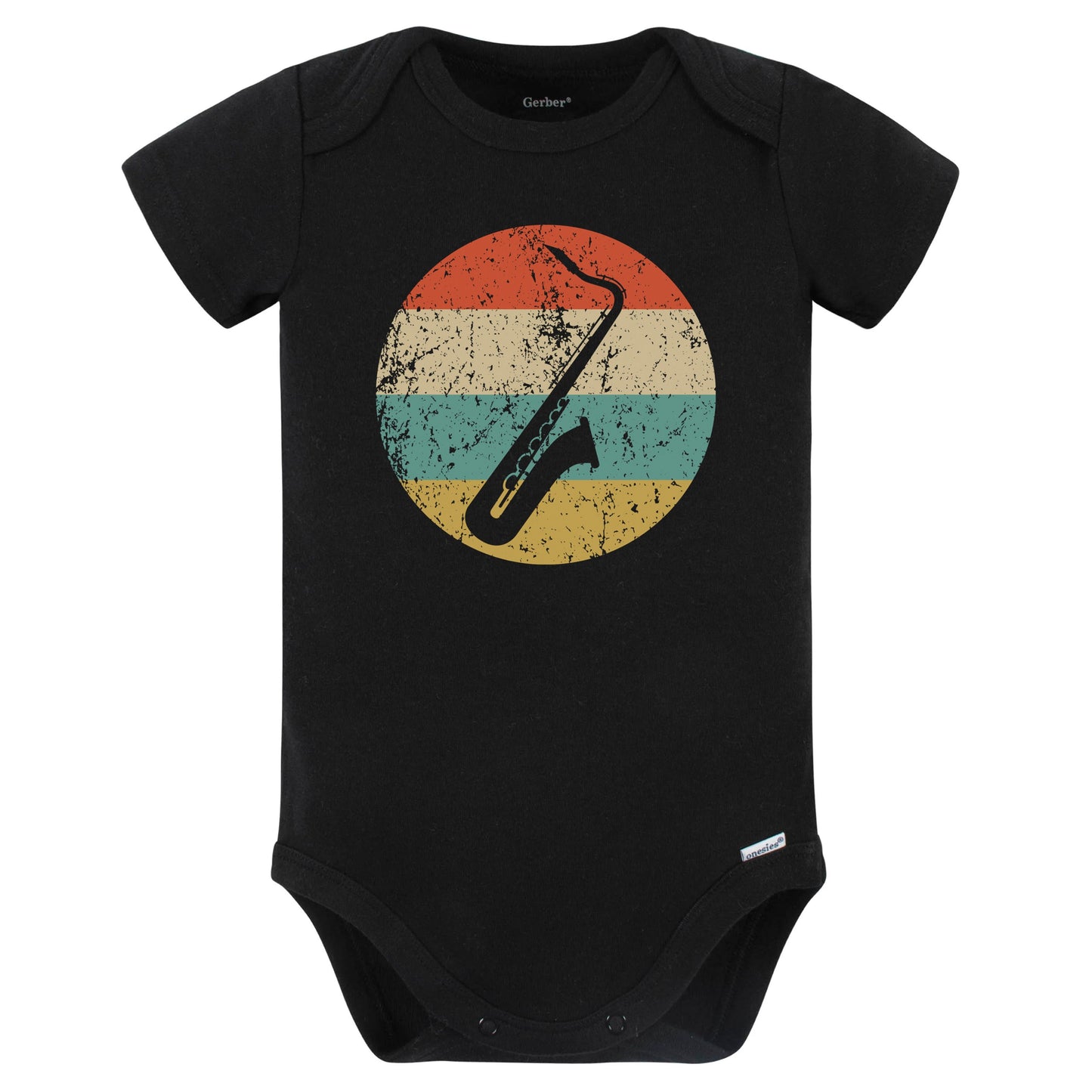 Saxophone Silhouette Retro Music Musician Musical Instrument Baby Bodysuit (Black)