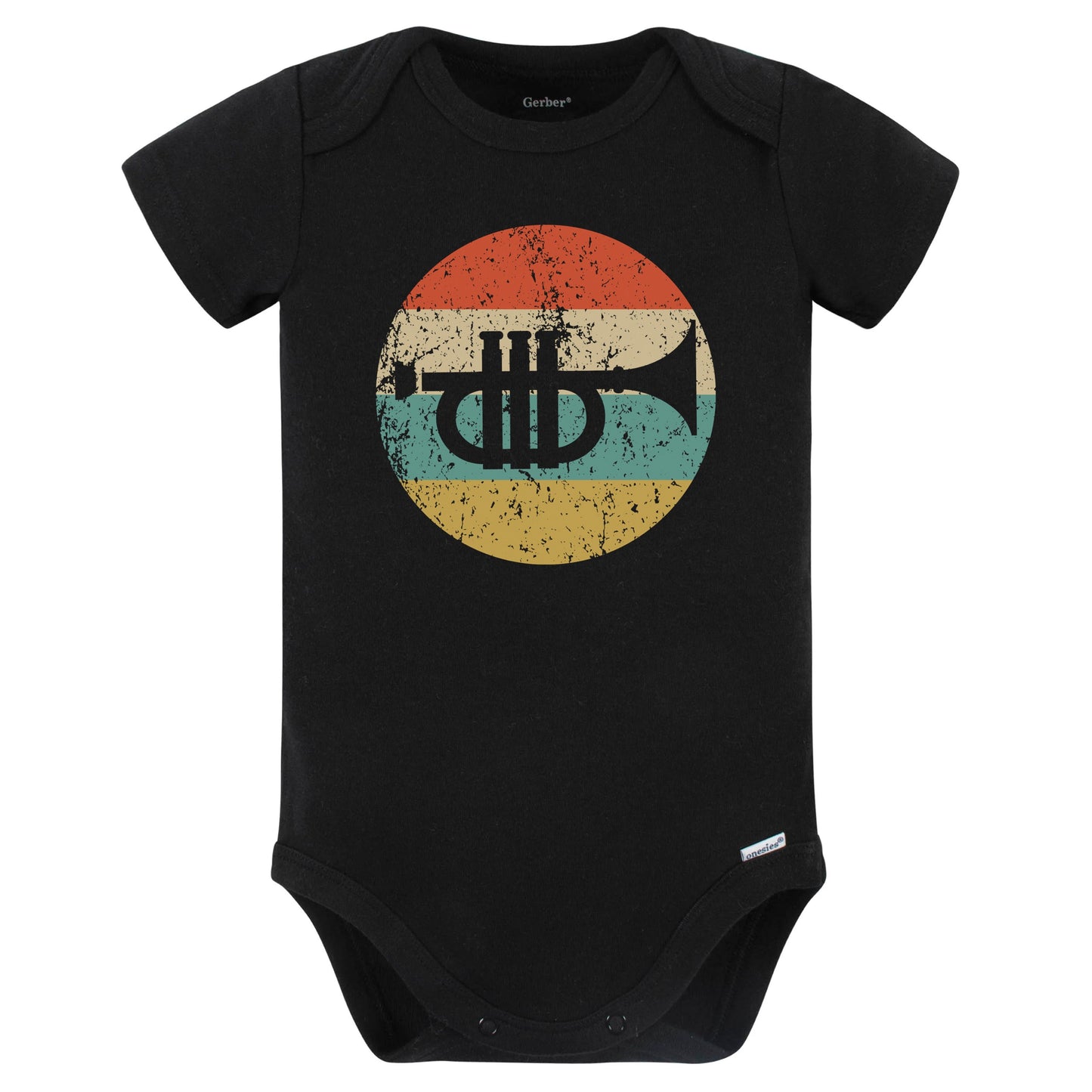 Trumpet Silhouette Retro Music Musician Musical Instrument Baby Bodysuit (Black)