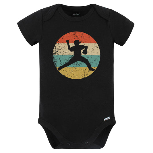 Baseball Player Pitcher Silhouette Retro Sports Baby Bodysuit (Black)