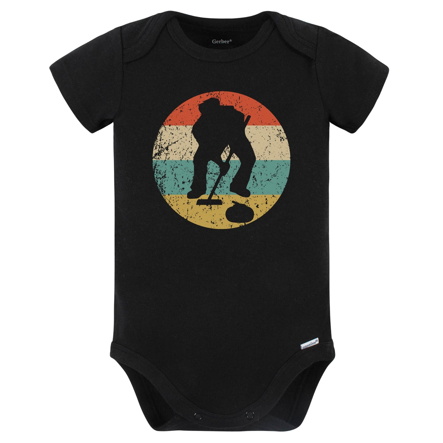 Curling Curler Silhouette Retro Sports Baby Bodysuit (Black)