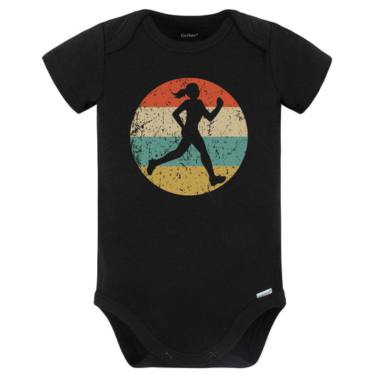 Female Runner Cross Country Marathon Silhouette Retro Sports Baby Bodysuit (Black)