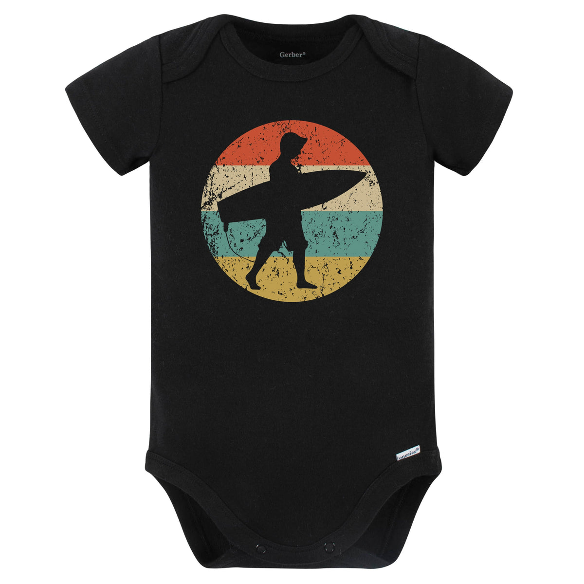 Surfer Silhouette Retro Surfing Baby Bodysuit (Black)