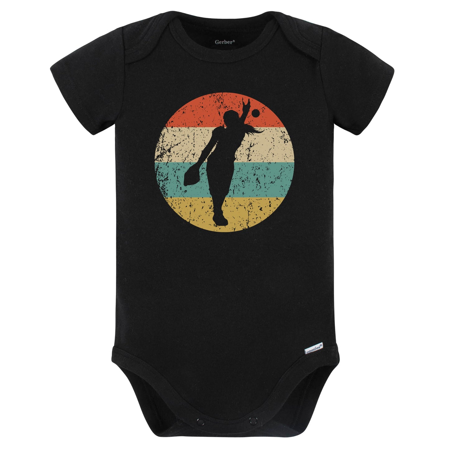 Softball Pitcher Silhouette Retro Softball Player Baby Bodysuit (Black)