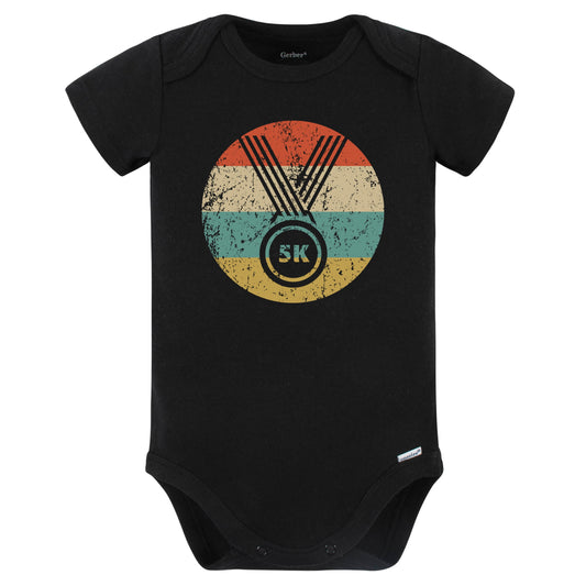 5K Race Finisher Medal Icon Retro Running Baby Bodysuit (Black)