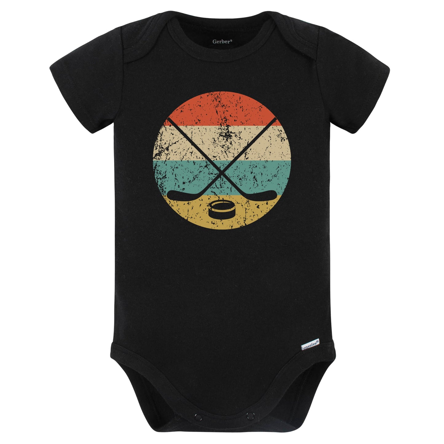 Crossed Hockey Sticks and Puck Icon Retro Hockey Baby Bodysuit (Black)