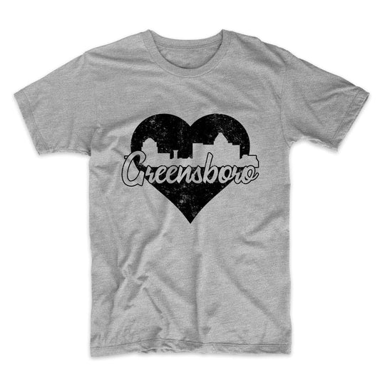 Retro Greensboro North Carolina Skyline Heart Distressed T-Shirt