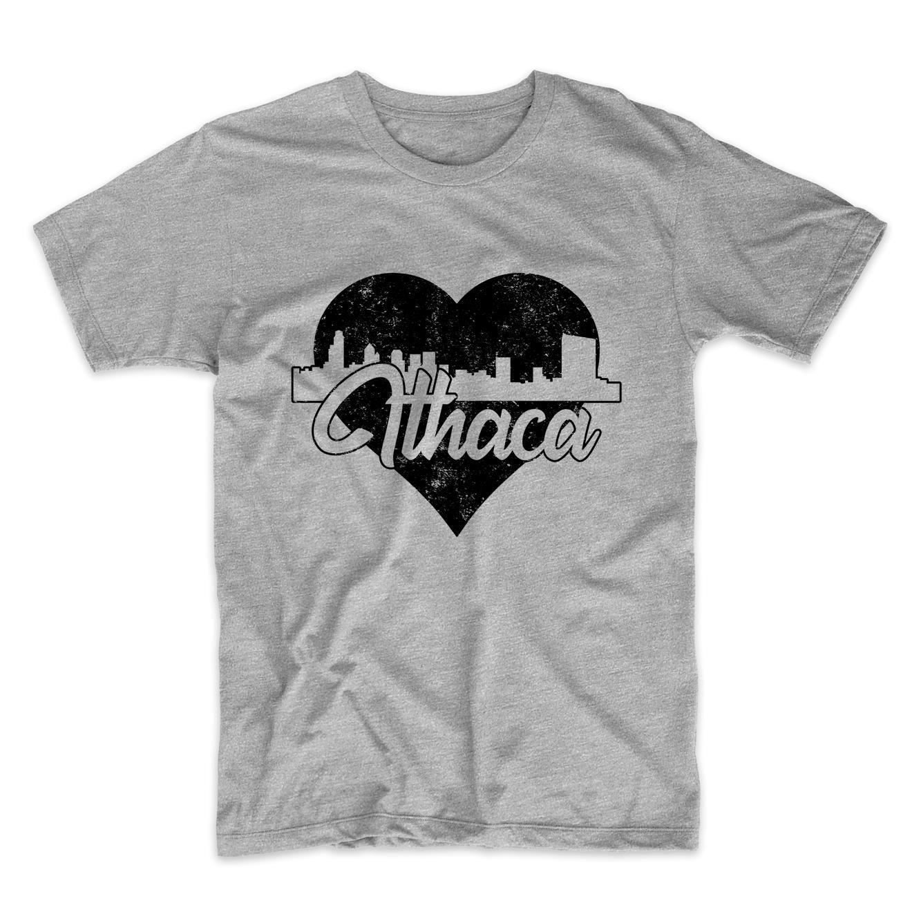 Retro Ithaca New York Skyline Heart Distressed T-Shirt