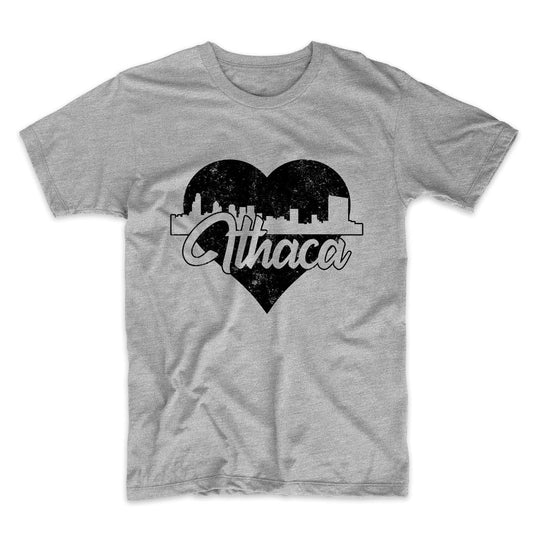 Retro Ithaca New York Skyline Heart Distressed T-Shirt