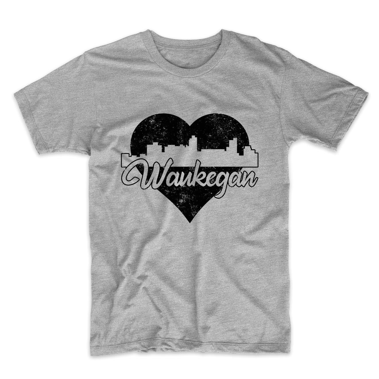 Retro Waukegan Illinois Skyline Heart Distressed T-Shirt