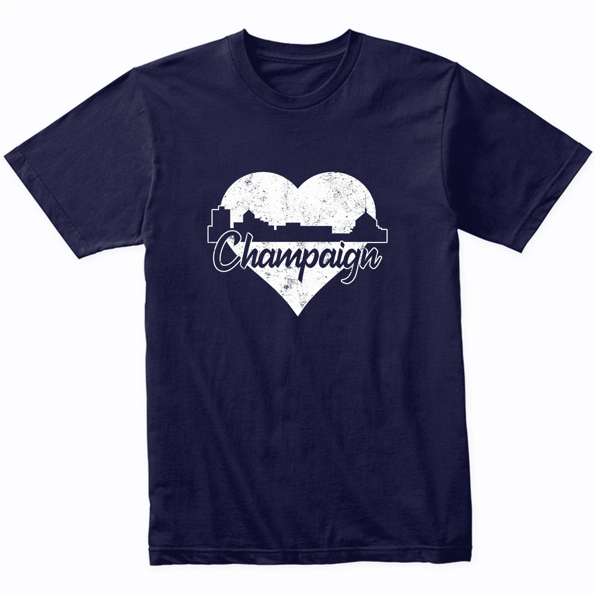 Retro Champaign Illinois Skyline Heart Distressed T-Shirt