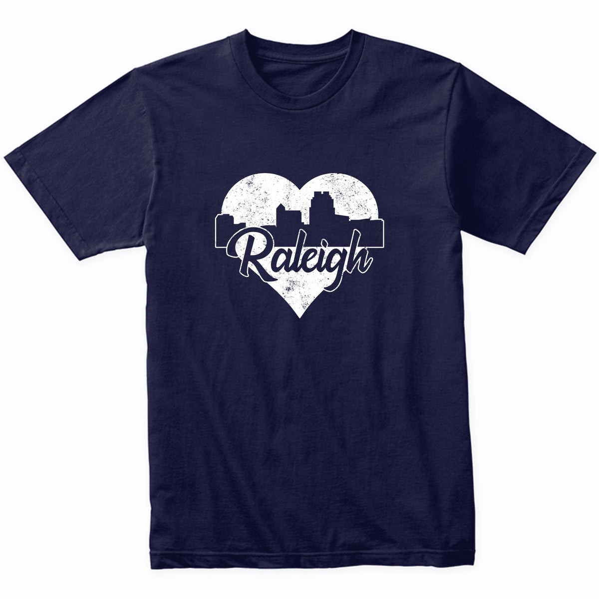 Retro Raleigh North Carolina Skyline Heart Distressed T-Shirt
