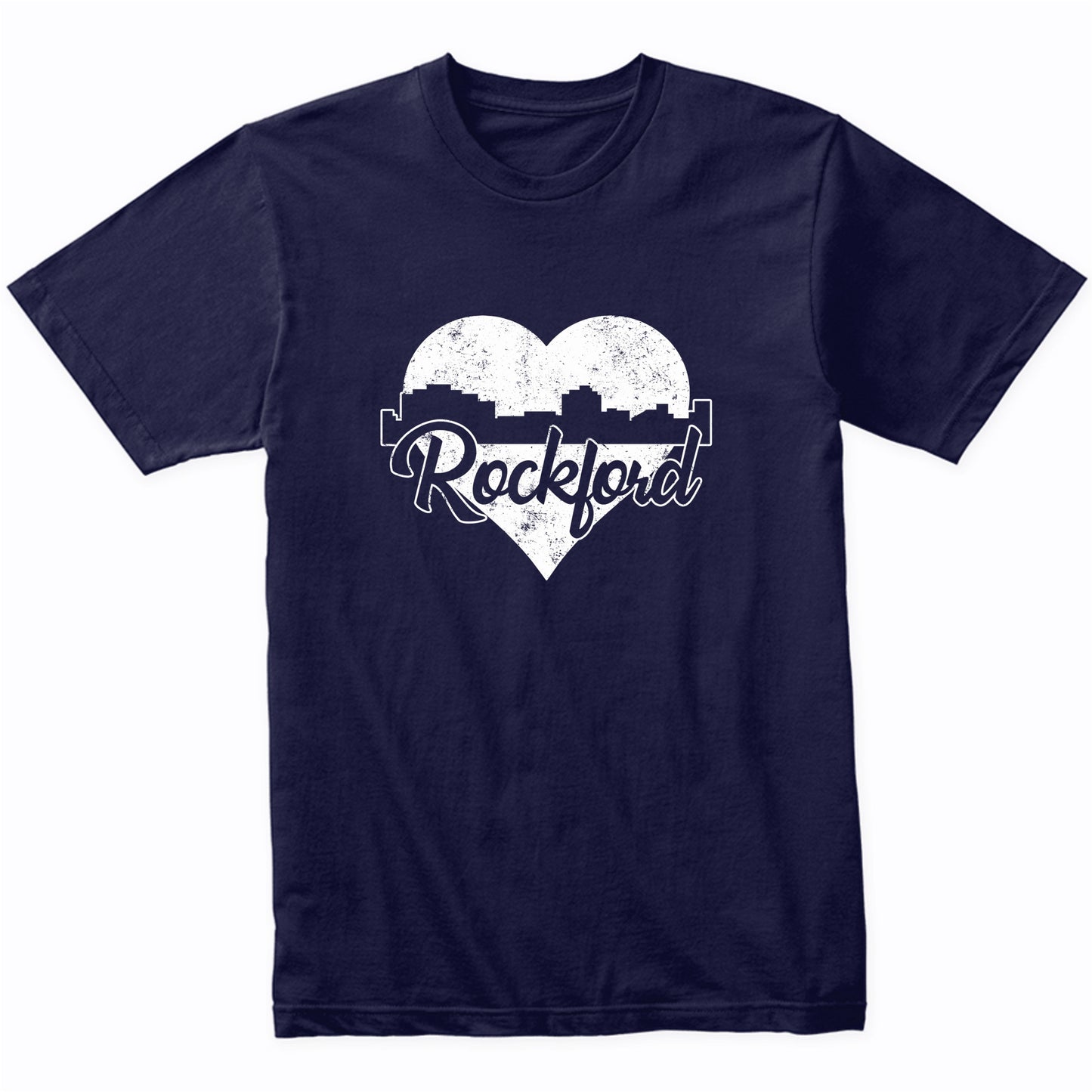 Retro Rockford Illinois Skyline Heart Distressed T-Shirt