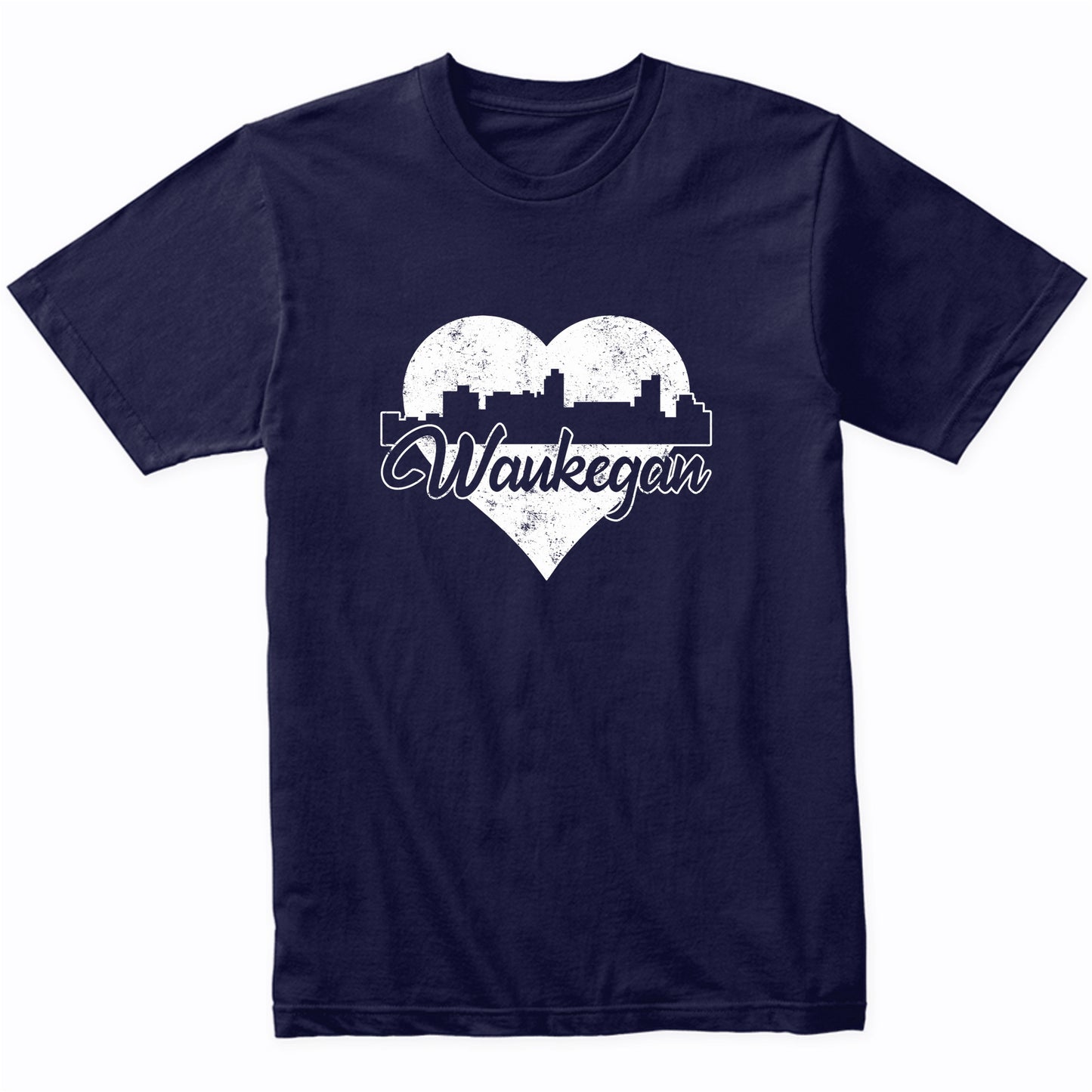 Retro Waukegan Illinois Skyline Heart Distressed T-Shirt