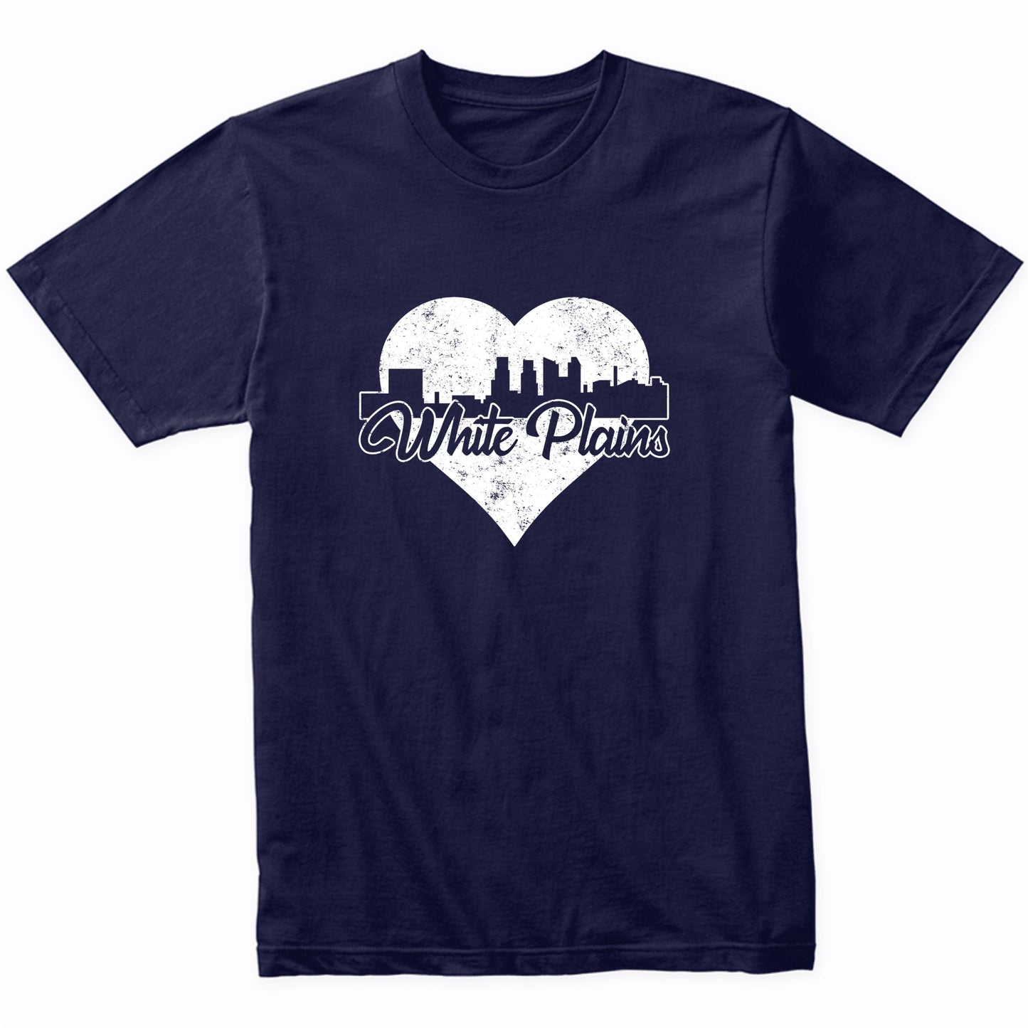 Retro White Plains New York Skyline Heart Distressed T-Shirt