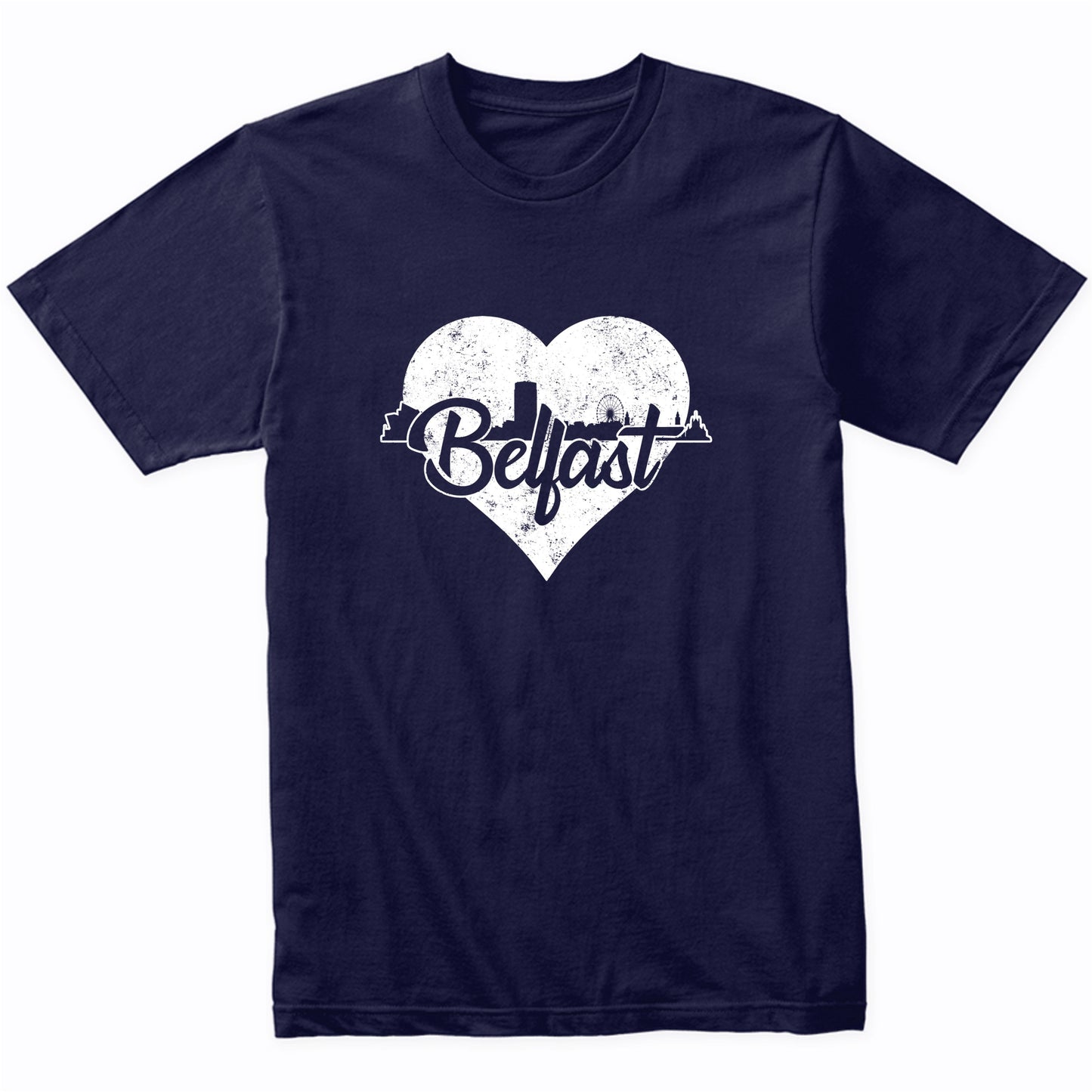 Retro Belfast Northern Ireland Skyline Heart Distressed T-Shirt