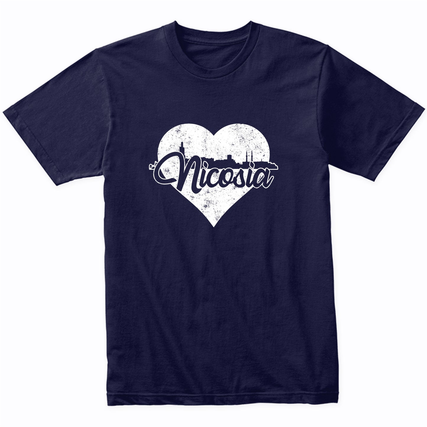 Retro Nicosia Cyprus Skyline Heart Distressed T-Shirt