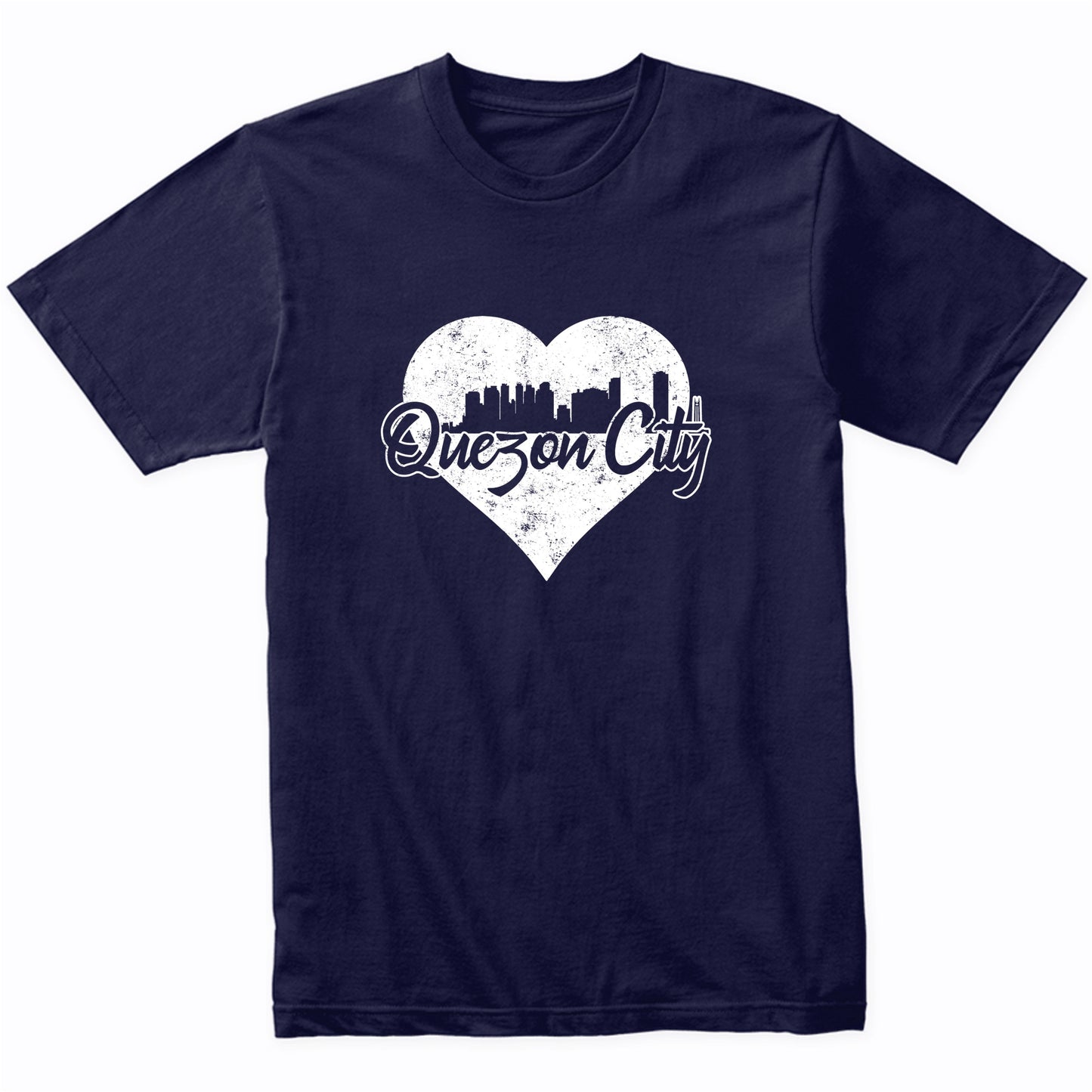 Retro Quezon City Philippines Skyline Heart Distressed T-Shirt