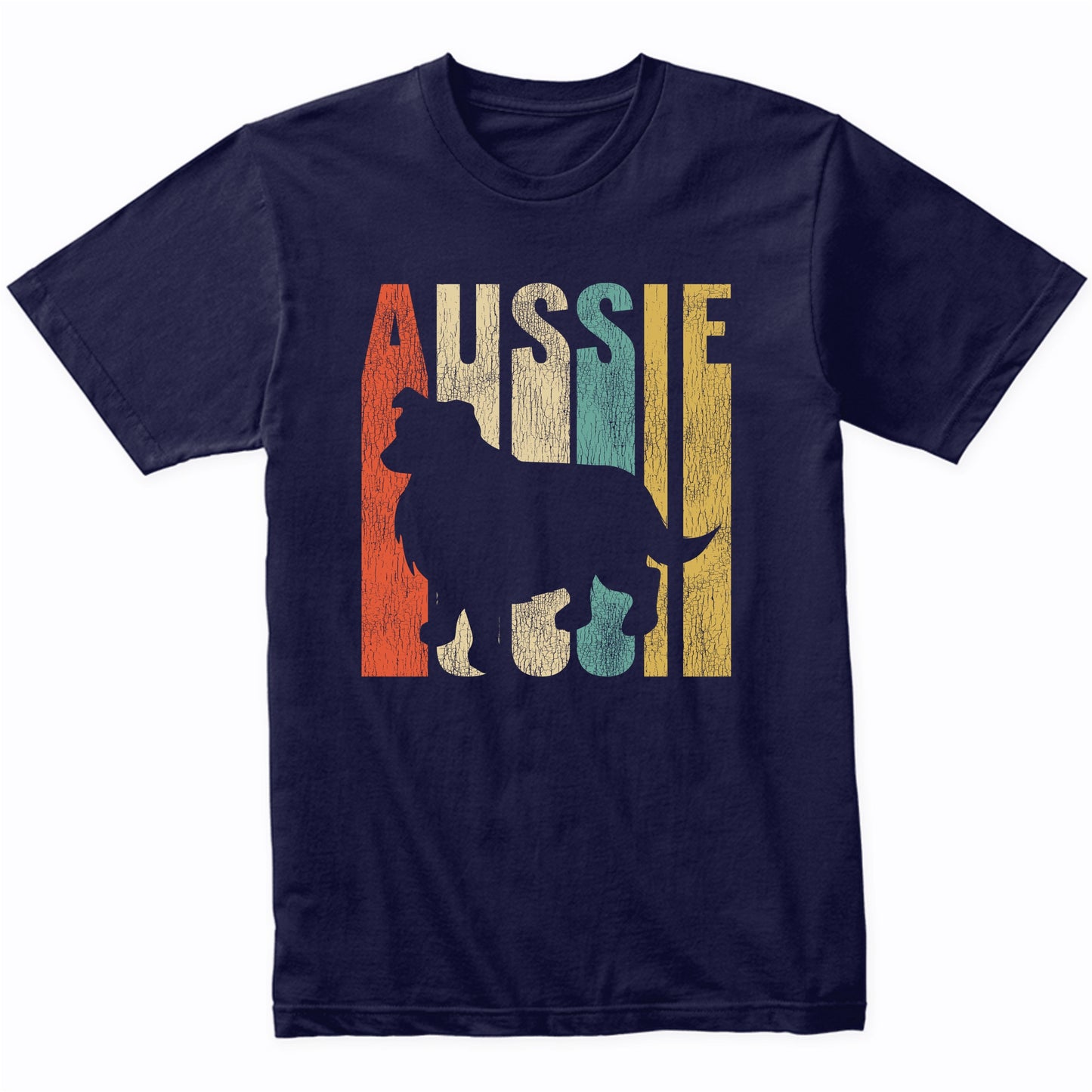Retro 1970's Style Aussie Dog Silhouette Australian Shepherd Cracked Distressed T-Shirt
