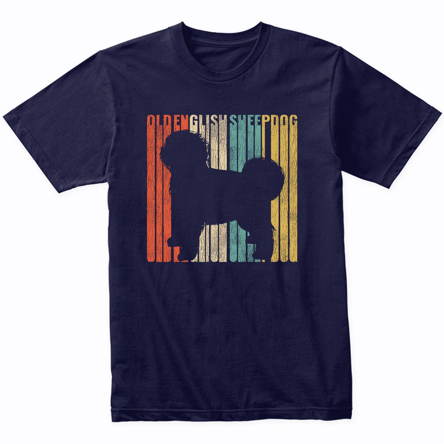 Retro 1970's Style Old English Sheepdog Dog Silhouette Cracked Distressed T-Shirt