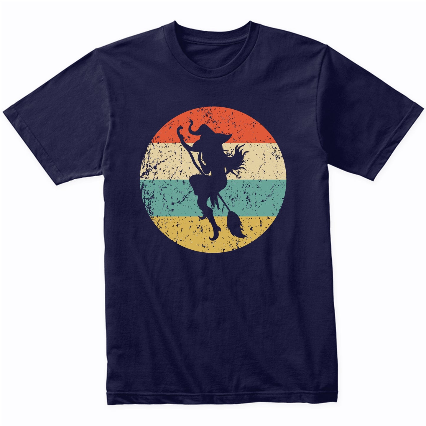 Halloween Spooky Scary Flying Witch on Broom Stick Retro T-Shirt