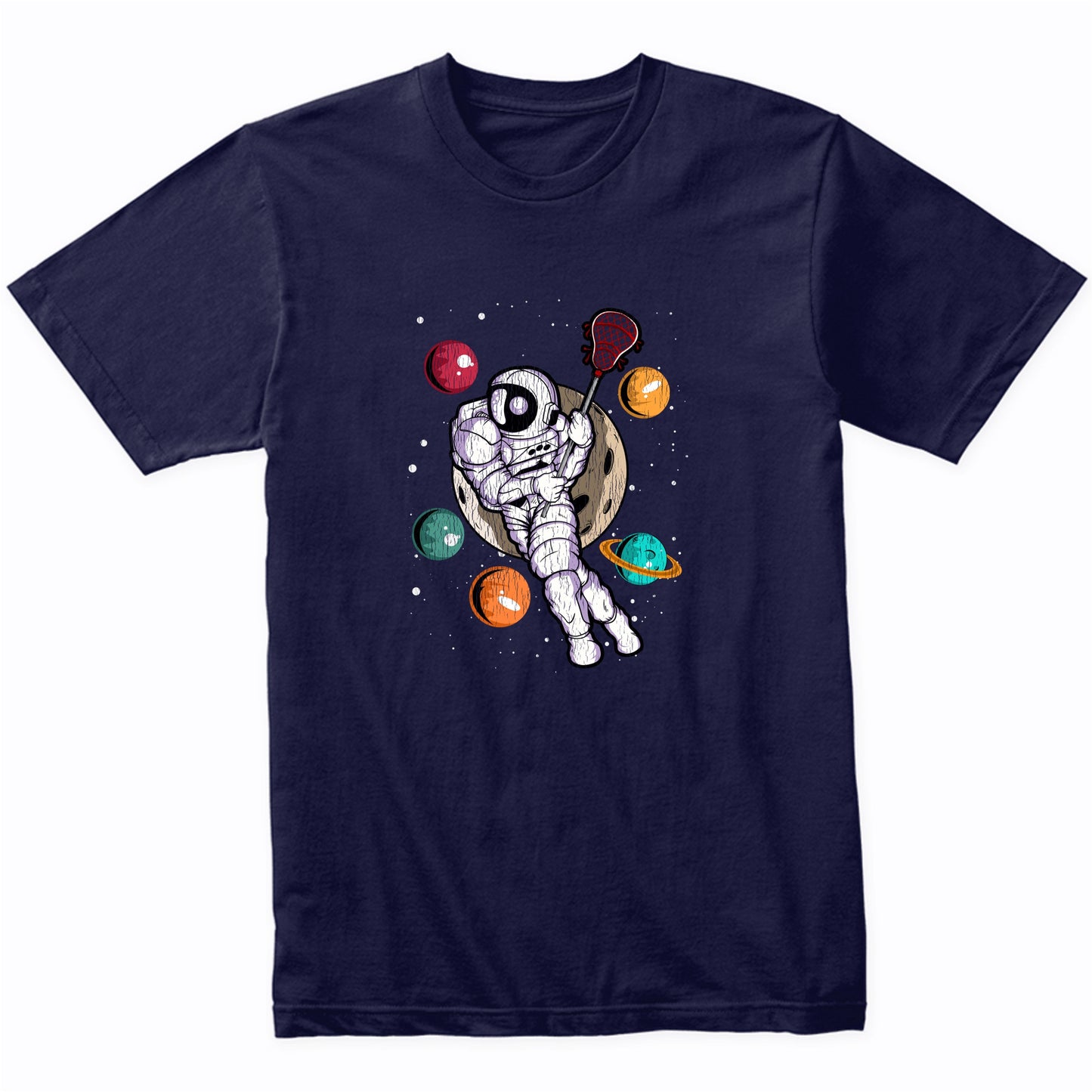 Lacrosse Astronaut Outer Space Spaceman Distressed T-Shirt