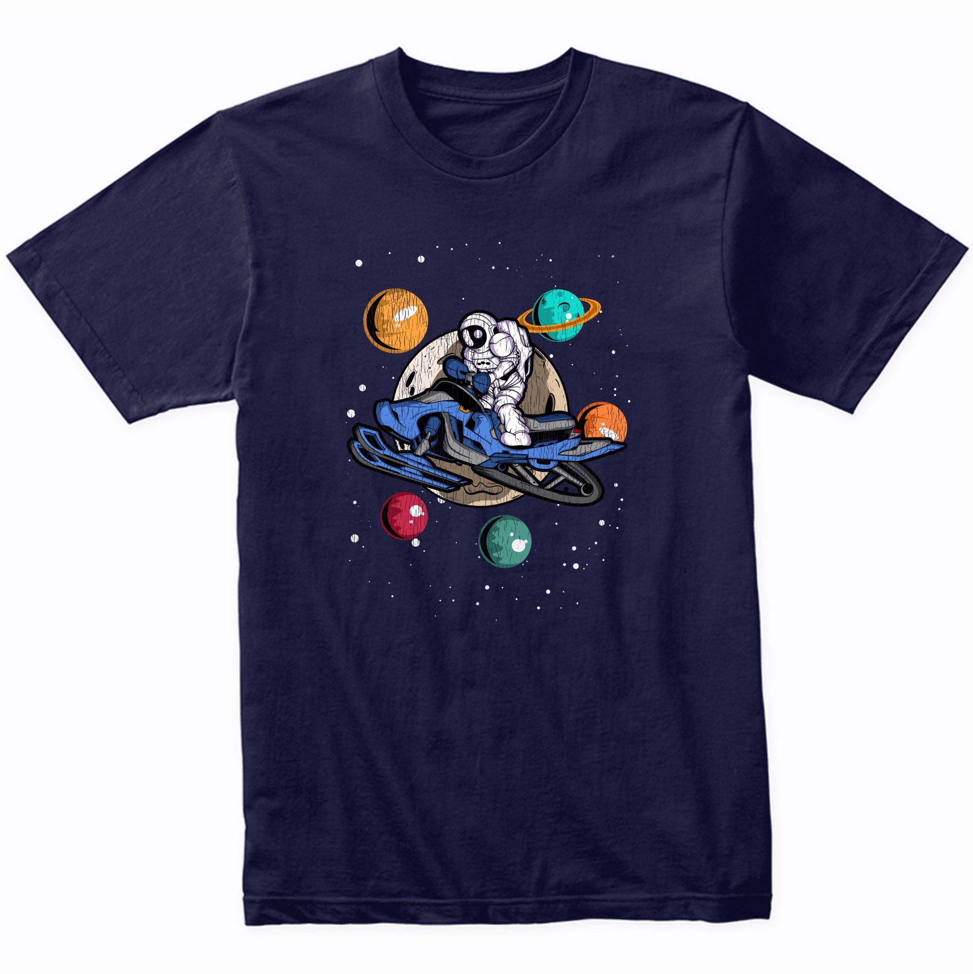 Snowmobiling Astronaut Outer Space Spaceman Snowmobile Distressed T-Shirt