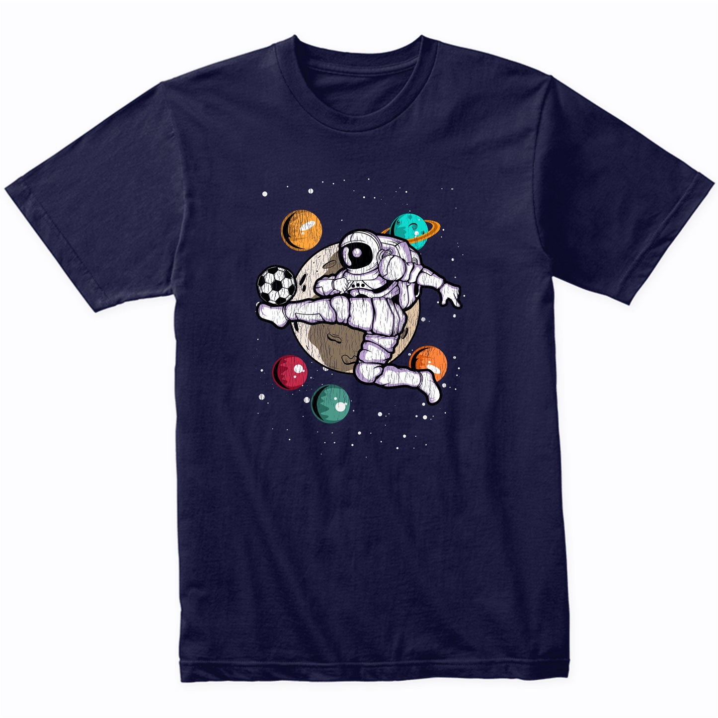 Soccer Astronaut Outer Space Spaceman Distressed T-Shirt