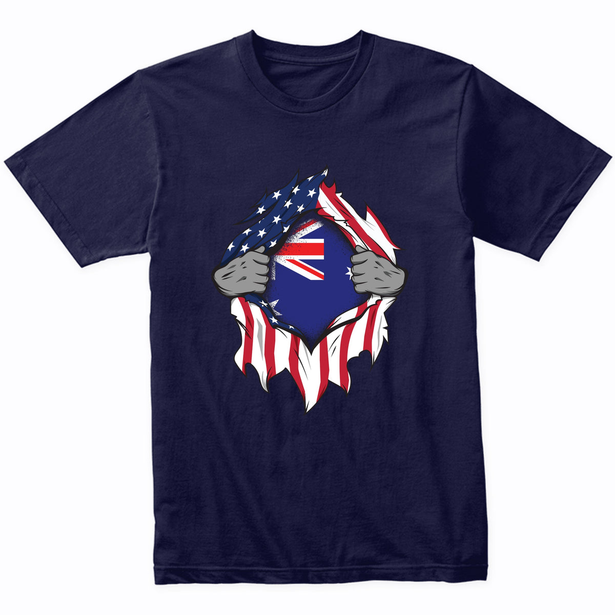 Australian American Flags Hands Ripping Flag on Chest T-Shirt