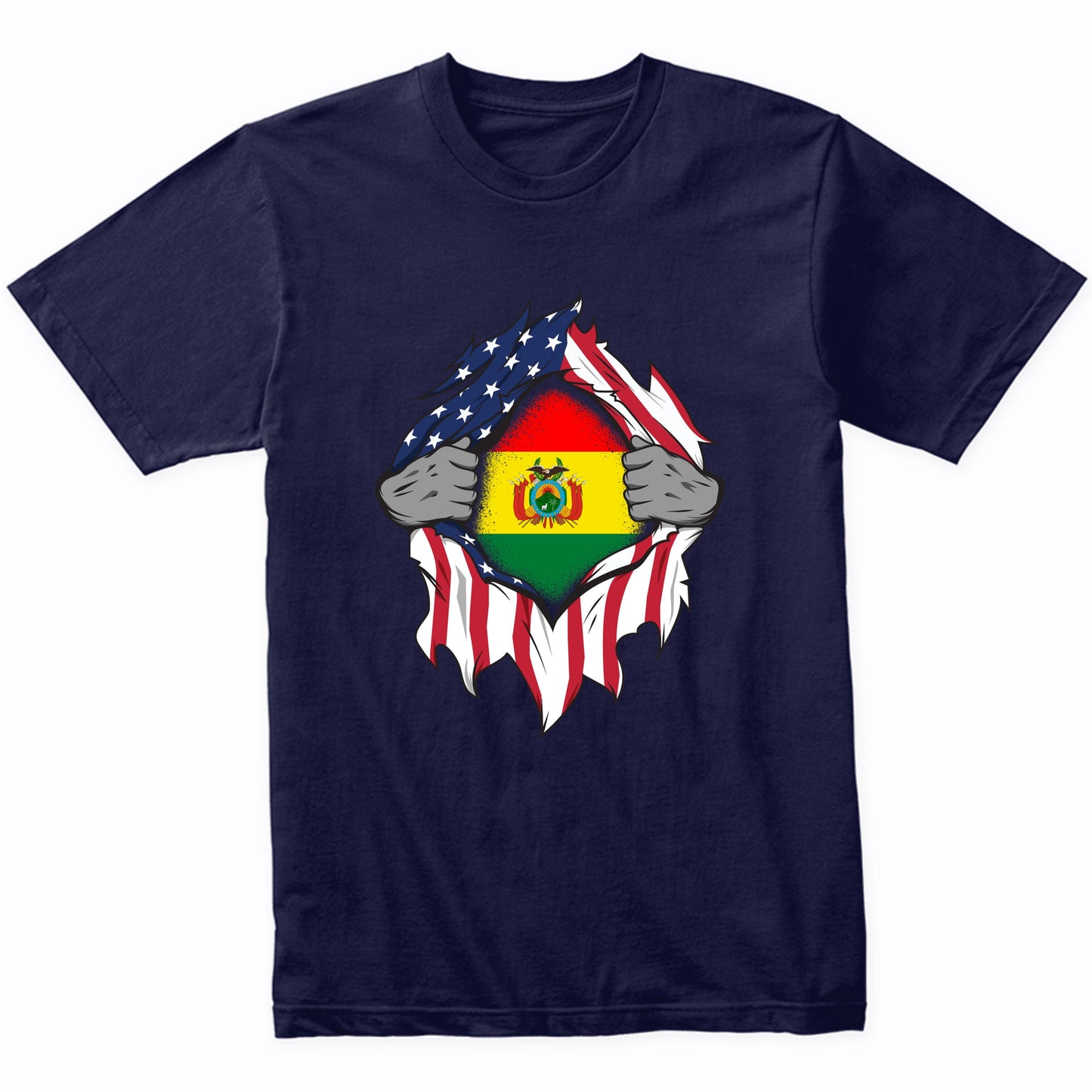 Bolivian American Flags Hands Ripping Flag on Chest T-Shirt