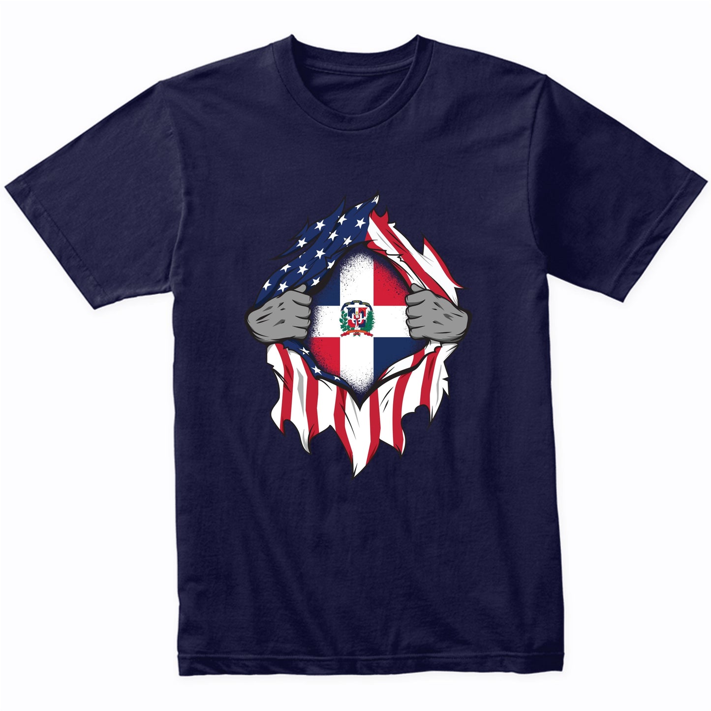 Dominican American Flags Hands Ripping Flag on Chest T-Shirt
