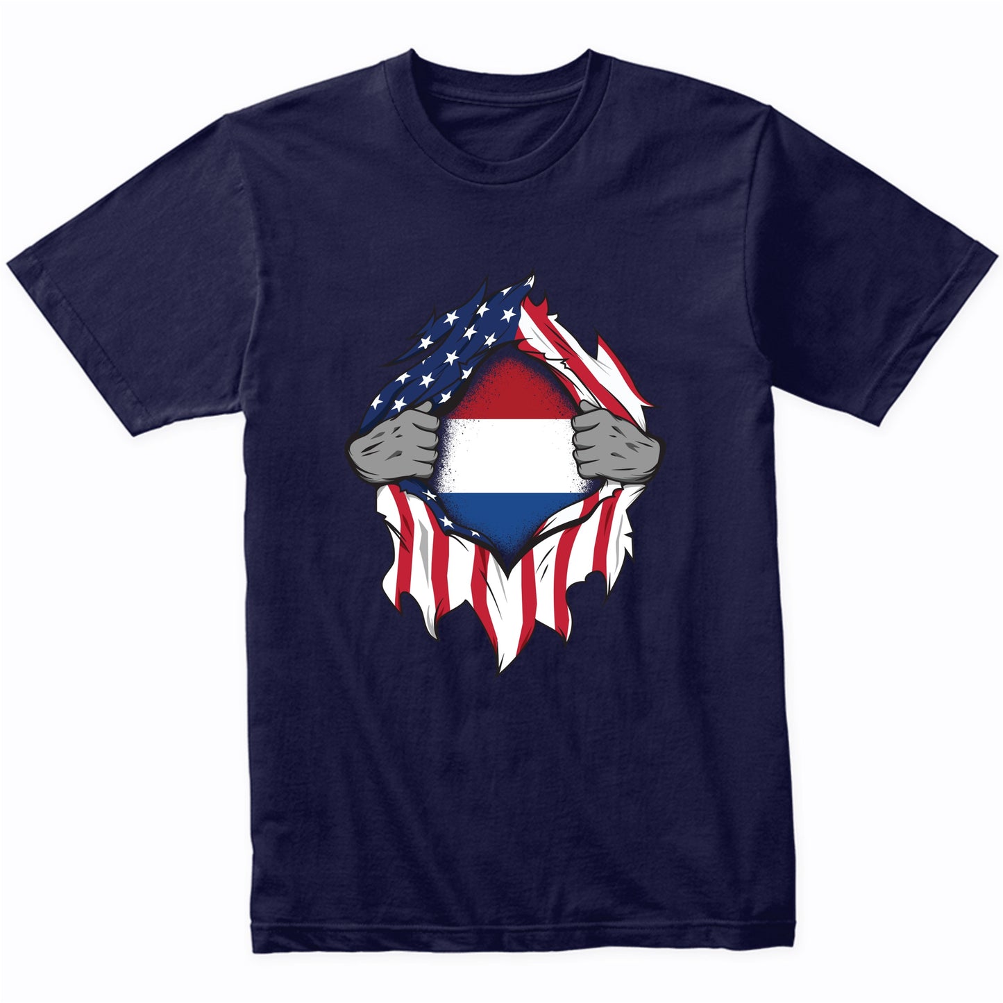 Dutch American Flags Hands Ripping Flag on Chest T-Shirt