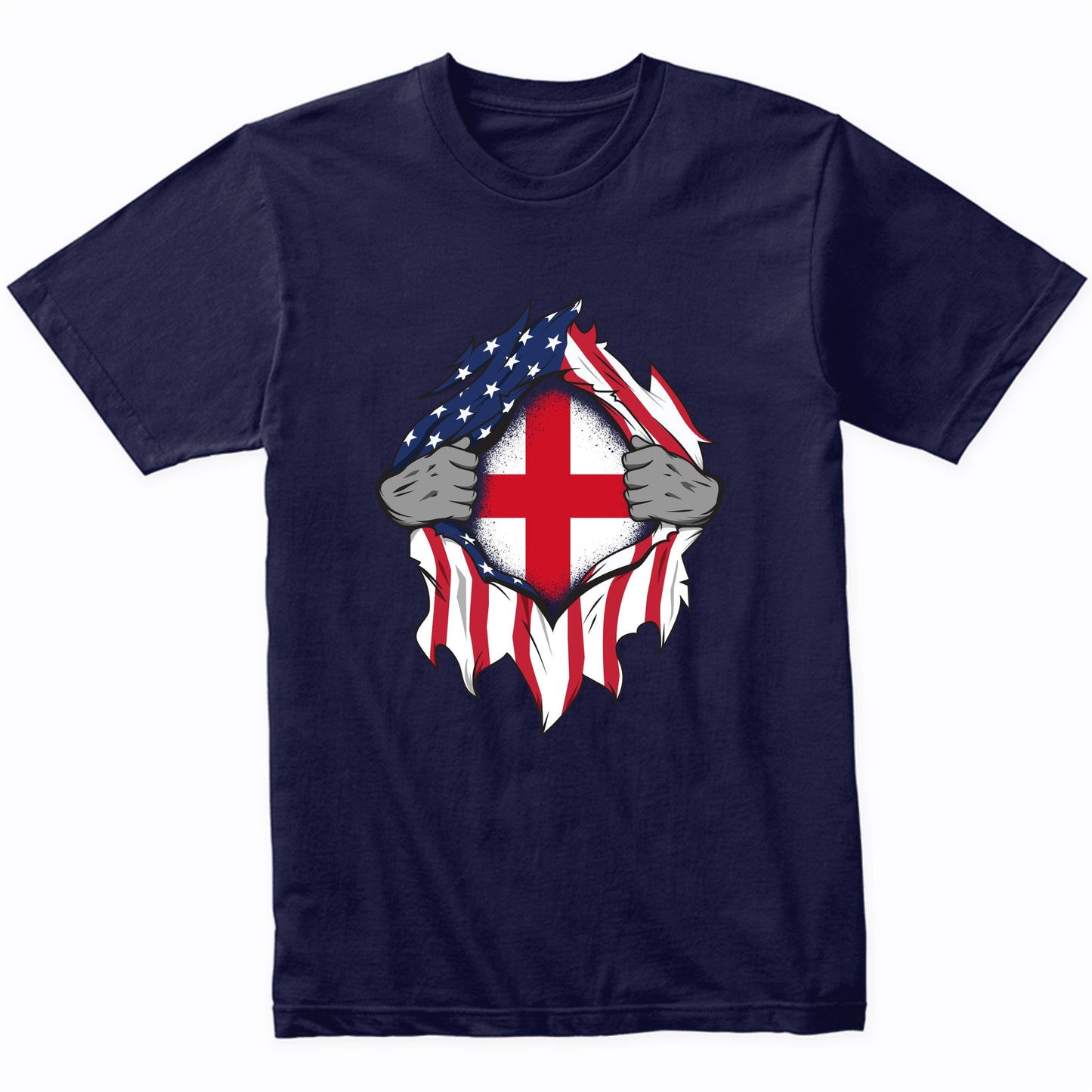 English American Flags Hands Ripping Flag on Chest T-Shirt