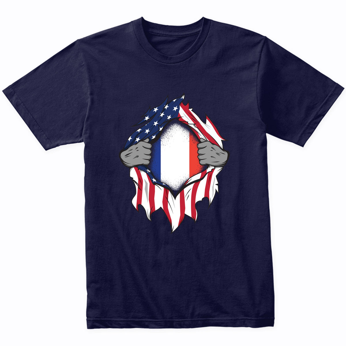 French American Flags Hands Ripping Flag on Chest T-Shirt