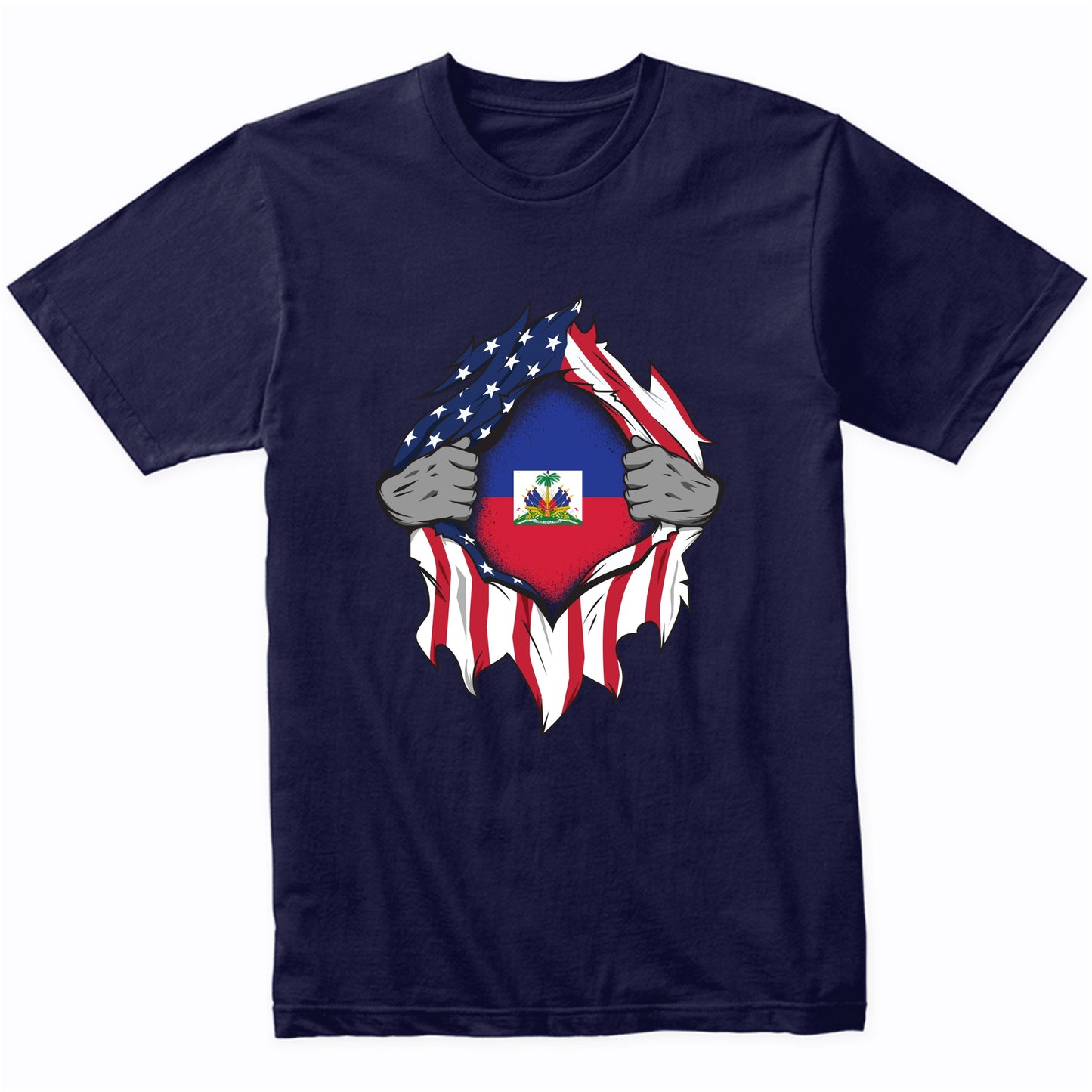 Haitian American Flags Hands Ripping Flag on Chest T-Shirt